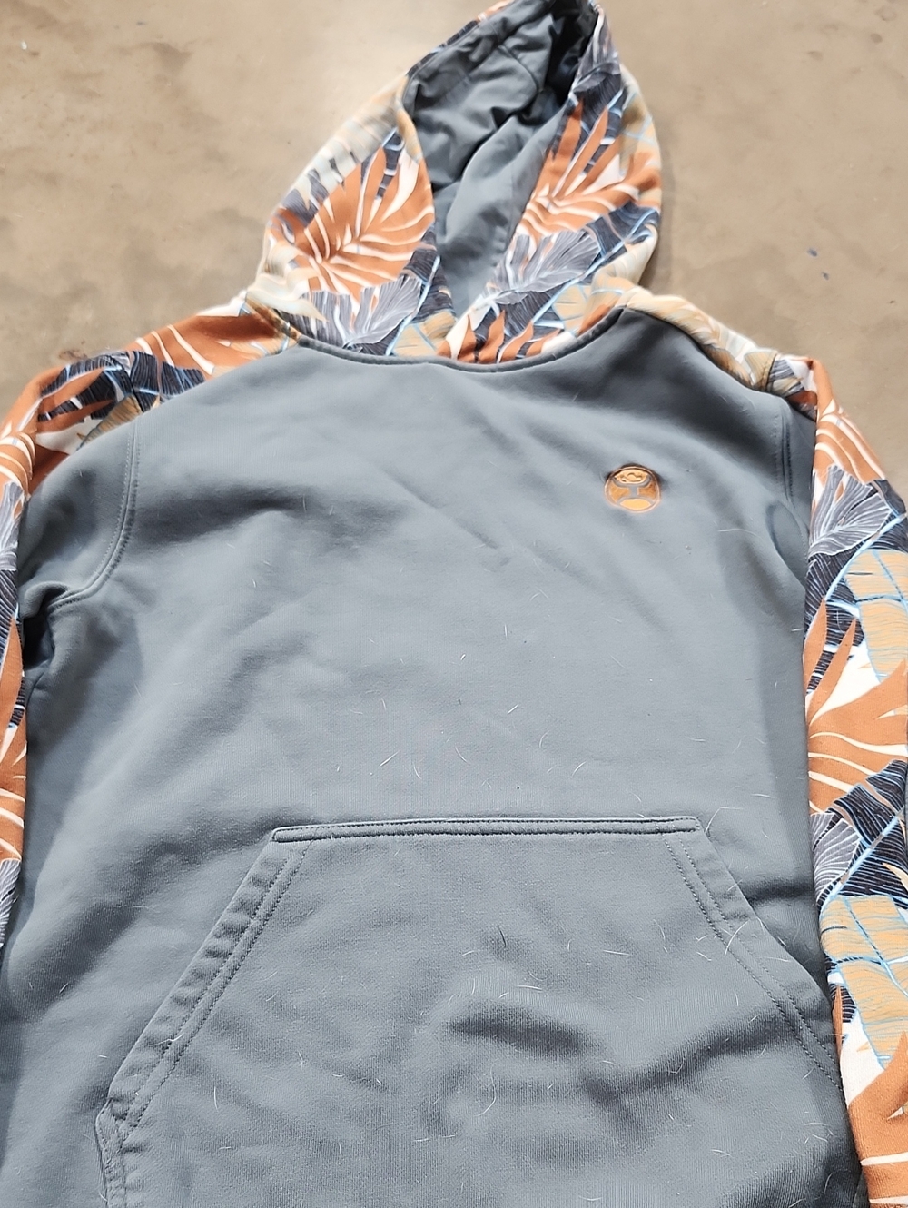 Youth L Hooded Pullover Sweater - Slate Gray with Orange Leaf Accents